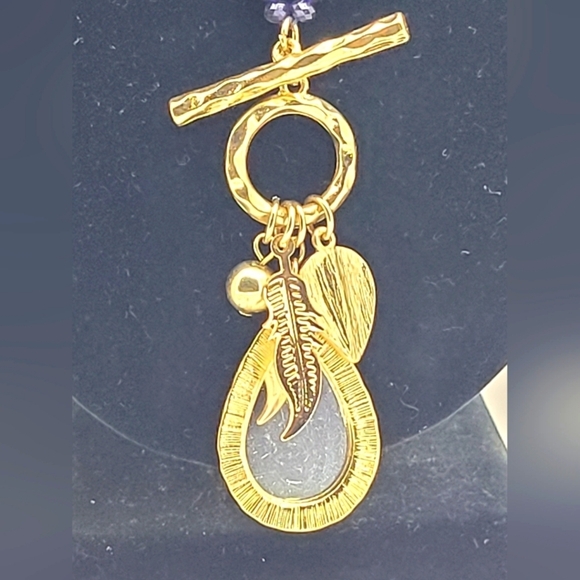 Vintage Amber Teardrop with Gold Tone Leaves and Blue Beads Necklace - Picture 3 of 5